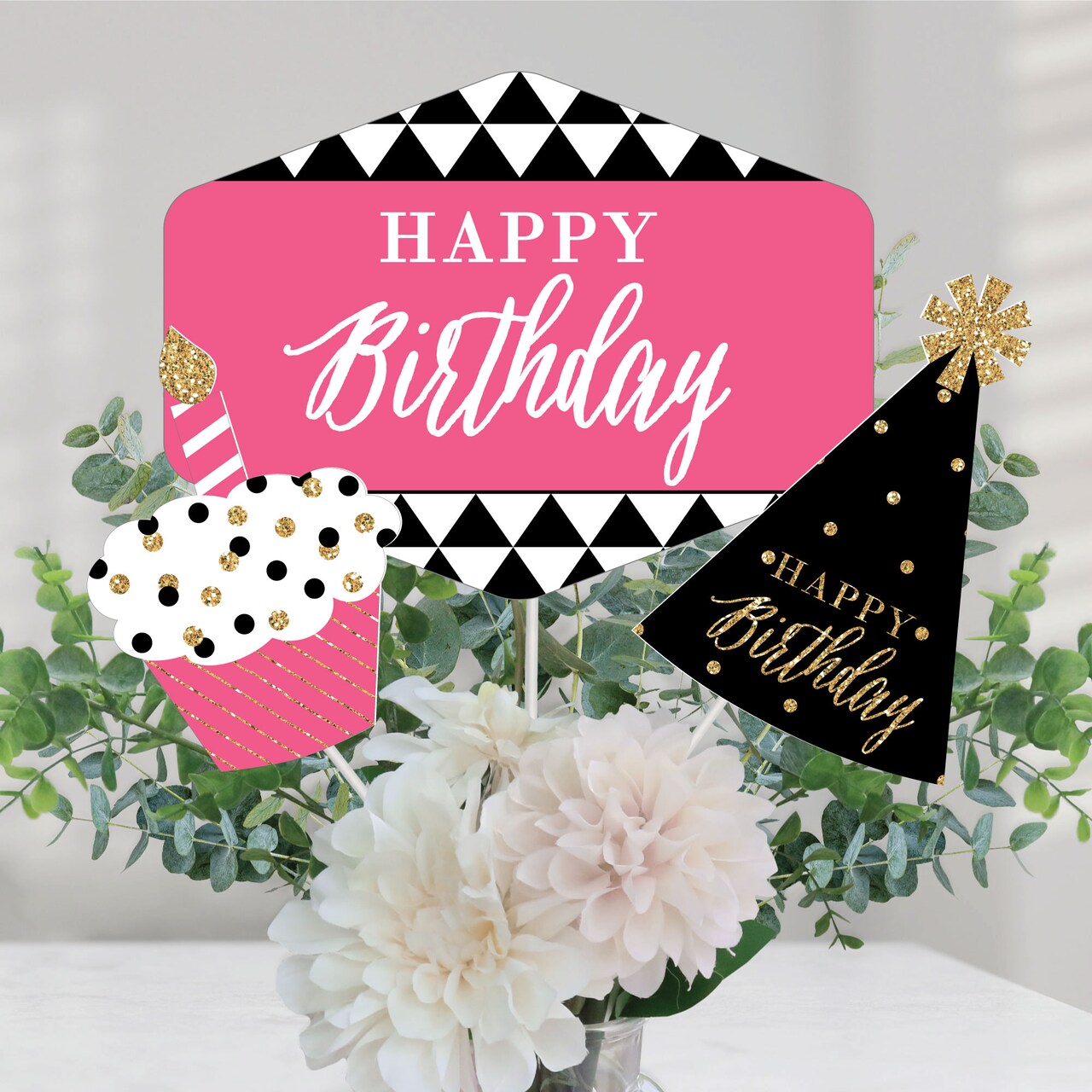 Big Dot of Happiness Chic Happy Birthday - Pink, Black and Gold - Birthday Party Centerpiece Sticks - Table Toppers - Set of 15